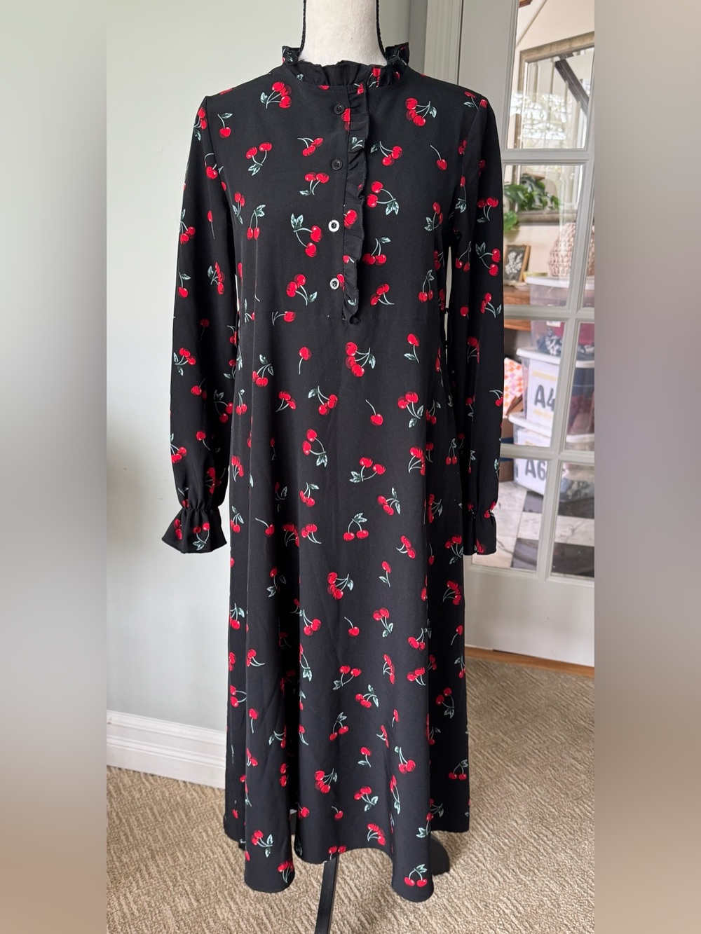Cherry Print Long Sleeve Fit Flare Dress S Black Dark Cottagecore Ruffles Fruit